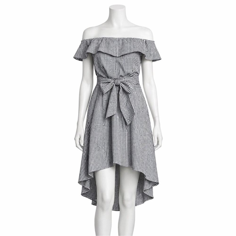 Saks Fifth Avenue Gingham Off-Shoulder Hi-Low Dress Tie Waist Black White M - Picture 2 of 9
